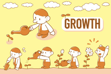 男性が植物の芽を育てるためにじょうろで水をやり、花が咲くまでの成長のプロセスを表したベクターイラスト