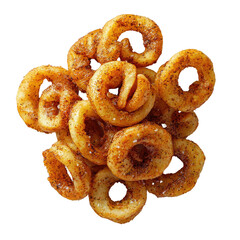 Crispy Round Snacks with Spicy Seasoning Piled High on White Background for Snack Lovers and Food Enthusiasts