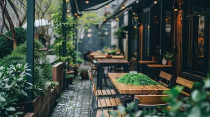 Cozy outdoor cafe with natural light and inviting seating surrounded by lush greenery and warm ambiance. Architecture and interior design background concept.