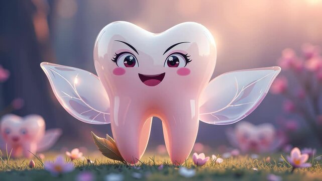  Tooth Fairy Character With Wings and Pink Cheeks Amongst Blooming Flowers