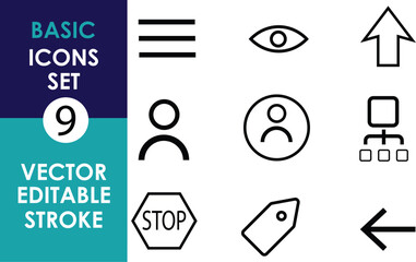 The image features a basic icon set with nine vector-based, editable stroke icons, including a menu, eye, user, hierarchy, stop sign, tag, and arrows