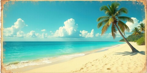 Fototapeta premium Serene Tropical Beach Scene Palm Tree by Azure Waters and Soft Sand