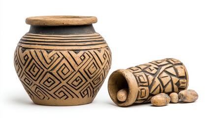 Discover intricately designed pottery with captivating geometric patterns and artisanal craftsmanship Explore the beauty of ancient traditions through this stunning still life composition Perfect for