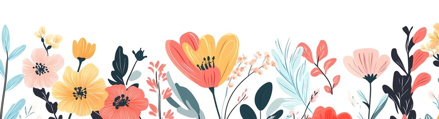 Fototapeta premium Seamless spring floral border with various colorful flowers, flat vector illustration isolated on a white background, banner design with a copy space area, in a modern minimalist style, flat design, 