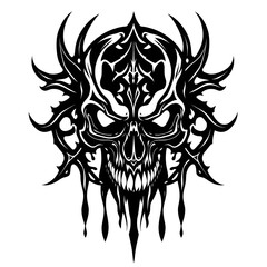 Tribal Skull Tattoo Design - Black and White Horror Illustration