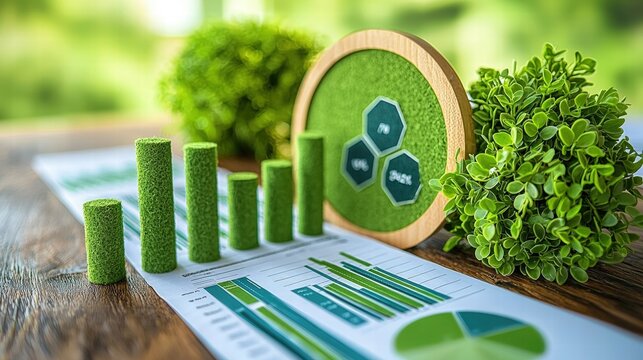 Close-up of a green plant next to a document featuring a detailed graph and data analysis
