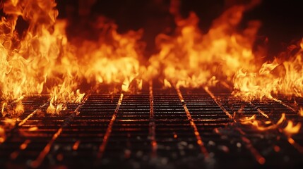 Fiery dance over an intricately woven metal grate. Bright orange and yellow flames engulf each intersection, creating a mesmerizing spectacle of heat and light