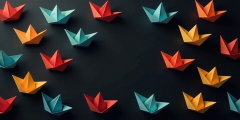 Obraz premium A Fleet of Colorful Paper Boats Navigating a Dark Surface, Representing Diverse Paths and Directions, a Concept of Choice and Individuality
