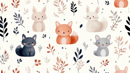 Cute animal illustrations featuring foxes and rabbits on floral background