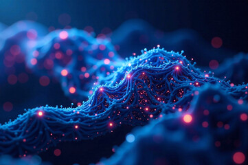 Fototapeta premium A breathtaking, detailed visualization of a futuristic quantum financial system. Deep, rich blues and purples dominate the background, illuminated by ethereal, pulsating light. Complex, interconnecte