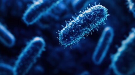 Captivating close-up of a detailed 3D blue bacterium against a stark dark backdrop, revealing its complex and intricate architecture in vivid detail