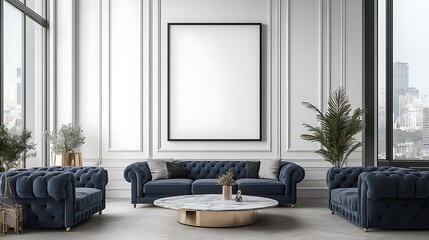 A large, blank black poster frame on the wall of an all-white living room with modern furniture and dark blue velvet couches, a marble coffee table, 