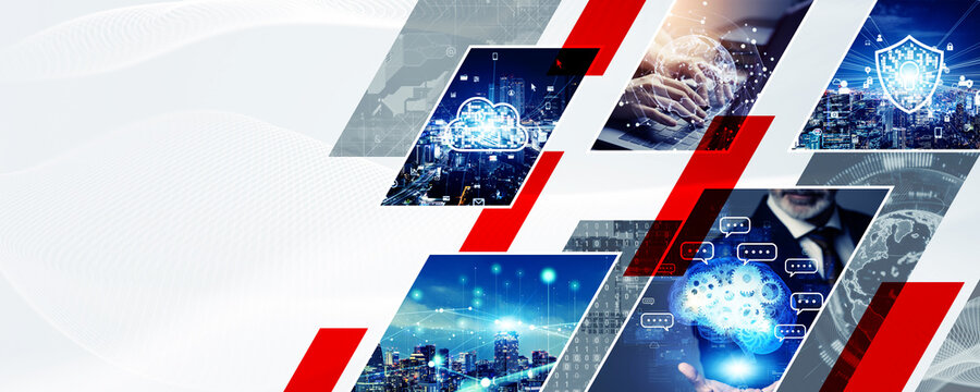 A collage of various technology images. Wide angle visual for banners or advertisements.