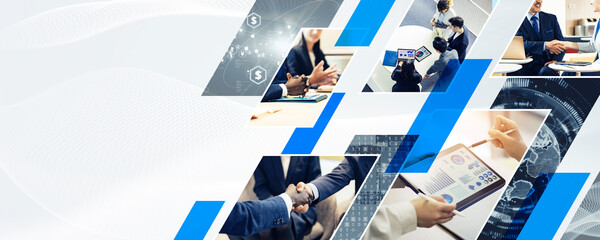 Collage of various business images. Wide angle visual for banners or advertisements.