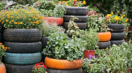 Unique DIY Garden Using Repurposed Tires as Colorful Plant Containers