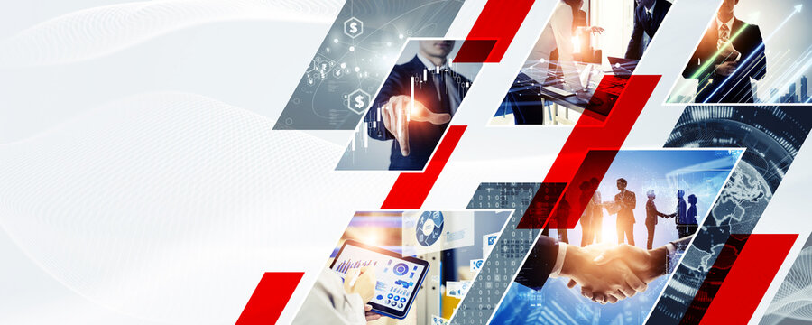 様々なビジネスイメージのコラージュ　バナー・広告向け横長ビジュアル