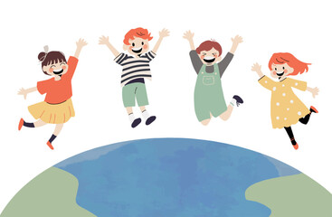 地球の上で笑顔でジャンプする子ども達