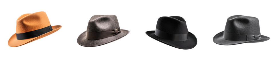 Diverse Collection of Stylish Fedora Hats in Different Shapes Textures and Colors   Showcasing a range of fashionable fedora hat designs including classic black brown and gray felt hats