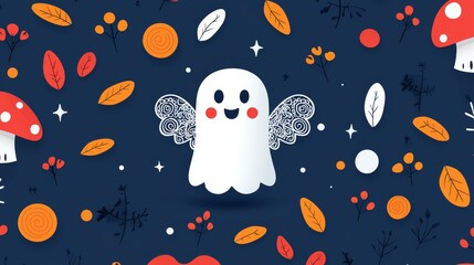 Whimsical ghost illustration amidst colorful autumn leaves and mushrooms in playful design