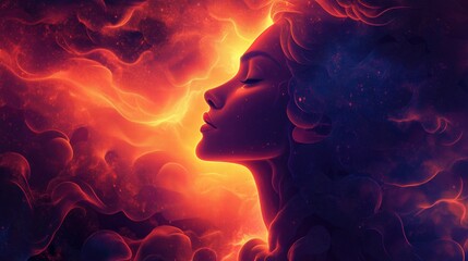 Woman with fiery hair surrounded by glowing flames in a dramatic artistic portrait of empowerment
