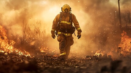 Firefighter navigating through the smoky aftermath of a devastating fire surrounded by smoldering debris and flickering embers  The figure moves with determination toward a bright opening