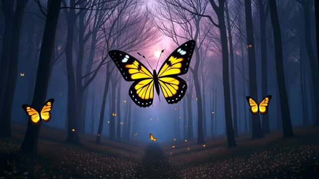  Luminous Butterflies in a Twilight Forest With a Subtle Moonlight and Mist