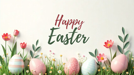 Generate AI photo for a Happy Easter set of banners, greeting cards, and sale posters. Trendy design with pastel colors, minimalist style, modern art, typography, hand-painted plants, dots, eggs, and 
