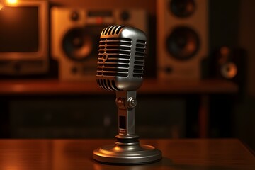 Retro Vintage Microphone on Wooden Table in Studio