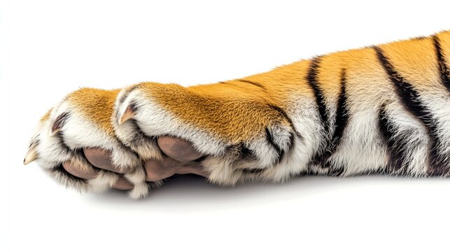 Closeup single tiger paw white background, highly detailed, wildlife animal part focus
