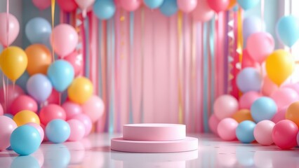 Colorful birthday party with balloons. Birthday stage, party flag, colorful party.