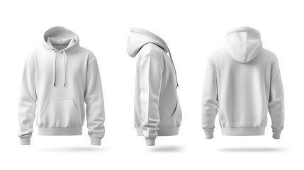 Front, back and side view of white hoodie against a white background.