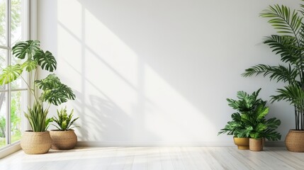 Fototapeta premium Bright and airy interior room featuring a white wall adorned with lush green plants for a fresh aesthetic feel