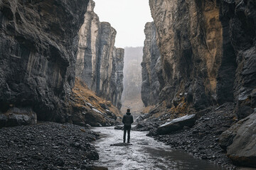Man Standing Canyon Tranquil Landscape Adventure