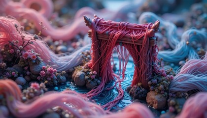 Surreal Pink and Blue Yarn Landscape with Miniature Gate Dreamy Fantasy Art Scene
