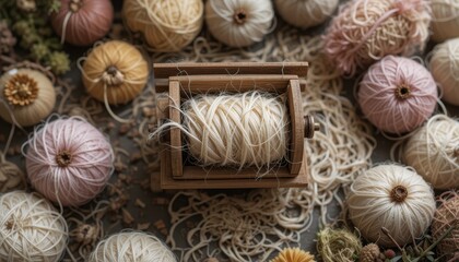Wooden Yarn Spinner with Pastel Yarn Balls and Fluffy Threads