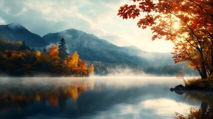 Serene autumn lake reflecting the vibrant trees with mist rising in the soft morning light creating a peaceful and atmospheric natural landscape with ample copy space in the water area