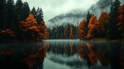 Serene autumn lake reflecting the vibrant trees with misty morning light and ample copyspace in the water area  Tranquil and atmospheric natural landscape scene