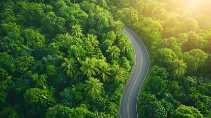 Overhead drone shot of a winding picturesque forest road with ample empty space for text or design placement  The serene lush landscape offers a tranquil