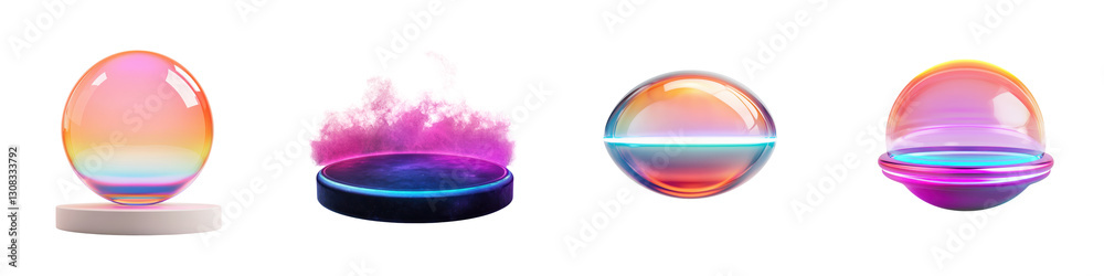 Wall mural mesmerizing prismatic spheres floating in an ethereal neon landscape creating a surreal and dreamlik