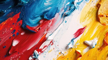 Vibrant abstract oil painting: bold hues of red, blue, white, and yellow merge into a dynamic, energetic composition