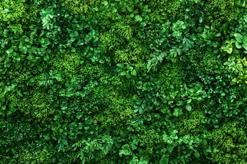 Fototapeta premium Lush green vertical garden wall with various plants.