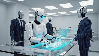 Innovation in Progress: A team of futuristic robots, dressed in suits, engaging in business-related activities in a sleek, modern office setting