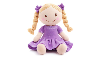 Adorable cute plush doll with a smiling face, blonde braided hair and a purple dress, isolated on a white background.