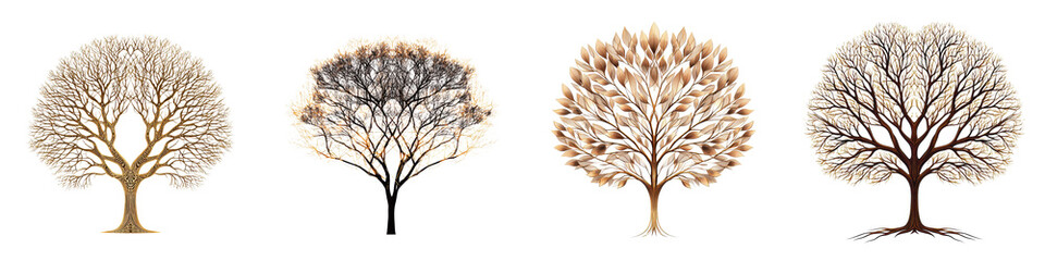 A set of four stylized tree depicting the changes in nature through the seasons  The trees are shown in various and abstract designs showcasing their silhouettes branches