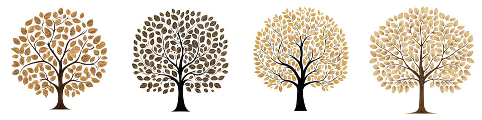 Collection of autumn trees in various styles  featuring vibrant and colorful foliage silhouettes against a minimalist background