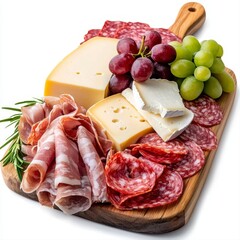 A beautiful cheese platter featuring a variety of meats and juicy grapes perfectly suited for elegant gatherings