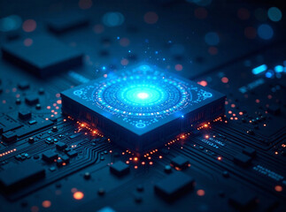 Generate an AI photo of a quantum core glowing with vibrant blue energy, surrounded by intricate data streams and abstract algorithmic designs forming a halo.  The scene should be set in a sleek, high