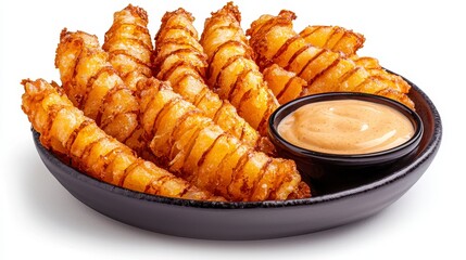 Golden and Crispy Curly Fries A Delicious Appetizer or Side Dish, Perfect for Snacking Enjoy these Fried Potato Spirals with a Creamy Dipping Sauce Close-up shot capturing the texture and