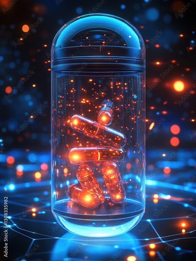 Poster Futuristic transparent pill bottle with glowing capsules creates a cyberpunk aesthetic Generative AI