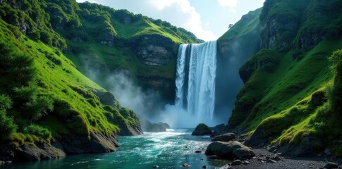 Majestic Pulhapanzak Falls cascading down lush green cliffs , vibrant, nature, cascade